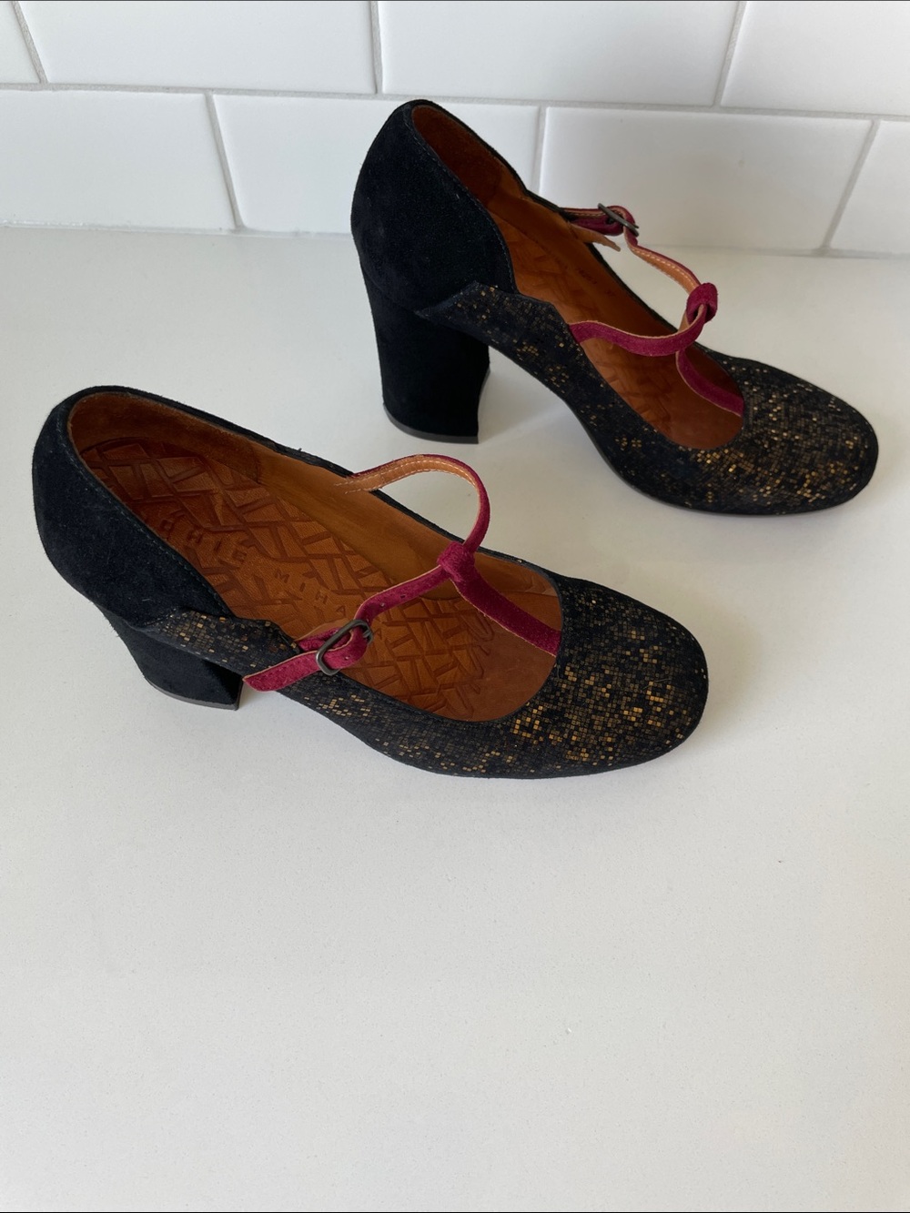Chie Mihara Black Glitter Mary Jane Heels with Wine Pink Strap • Size 37 - Picture 7 of 16